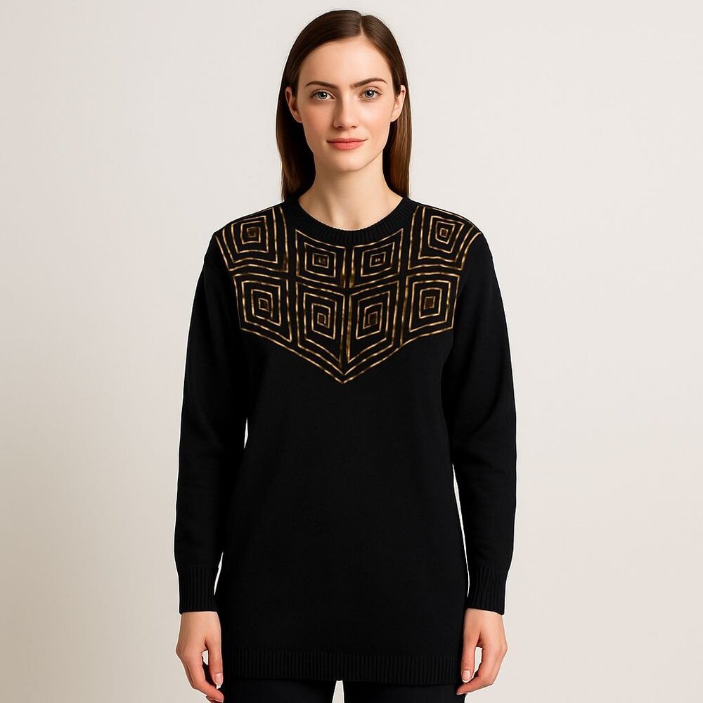 Vintage David David Black‎ Gold Geometric Sweater NWT 90s Y2K Oversized Medium